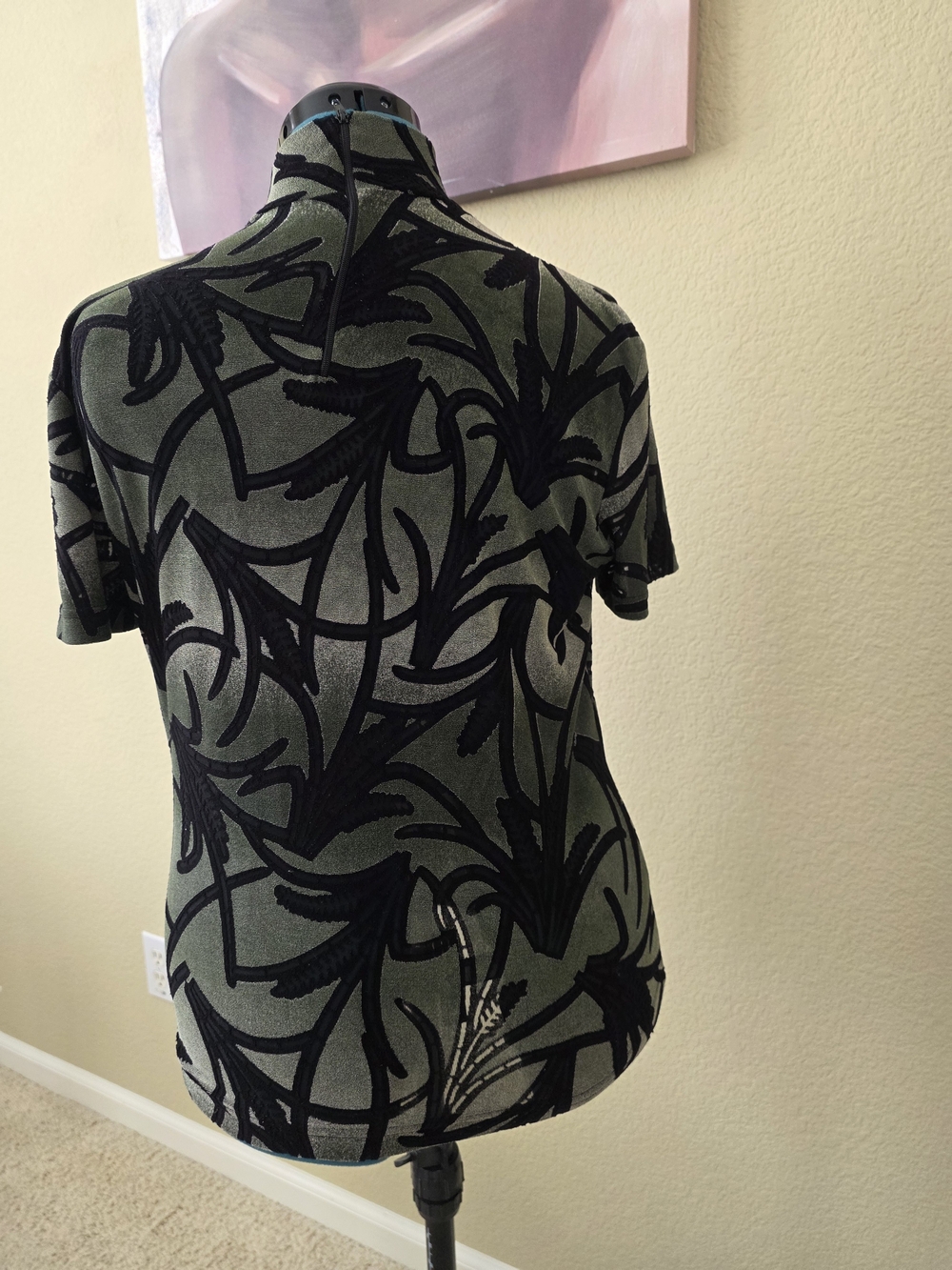 Women’s Olive Green Short-Sleeve Mock Neck Top with Black Velvet Flocked Pattern - Picture 3 of 7